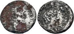 Roman Imperial Augustus, with Divus Julius Caesar. 27 BC-AD 14. Fourrée Denarius (19mm, 3.24 g, 6h). Rome mint; M. Sanquinius, moneyer. Struck 17 BC. Bare head of Augustus right / Youthful, laureate h