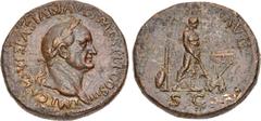 Roman Imperial Vespasian. AD 69-79. Æ Sestertius (34mm, 25.83 g, 6h). Rome mint. Struck AD 71. Laureate head right / Pax standing right, holding branch with left hand, and with torch in right, she set