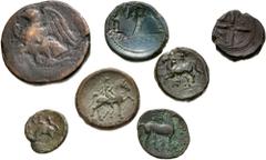 Large Lots GREEK. Magna Graecia & Sicily. Lot of seven (7) bronze issues. Includes: APULIA, Venusia. Æ Quincunx // CAMPANIA, Neapolis // SICILY, Panormos (as Ziz) (2) // SICILY, Siculo-Punic issue // 