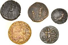 Large Lots ROMAN. Imperial. Lot of five (5) bronze issues. Includes: Tiberius. Æ Sestertius // Claudius. Æ As. Contemporary imitation // Marcus Aurelius. Æ Sestertius // Æ Dupondius // Elagabalus. Æ S