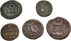 Large Lots ROMAN. Imperial. Lot of five (5) bronze issues. Includes: Divus Claudius II. Æ Quarter Follis // Galerius. Æ 1/8 Follis // Crispus. Æ Follis // Crispus. Æ Half Follis(?) // Aelia Flacilla. 