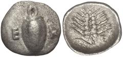 BOEOTIA, Orchomenos. Late 5th century-364 BC. AR Tetartemorion (8mm, 0.19 g, 9h). Wheat grain, sprouting end upward; E-R flanking / Wheat ear upward, long stem curving to the to left; E to lower right