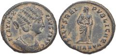 Fausta. Augusta, AD 324-326. Æ Follis (19mm, 3.68 g, 12h). Antioch mint, 1st officina. Struck AD 326. Draped bust right / Empress or Salus standing facing, head left, holding two children; •SMANTA. RI