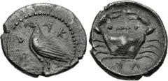Greek SICILY, Akragas. Circa 450-440 BC. AR Litra (10mm, 0.63 g, 9h). Eagle standing left on Ionic capital / Crab; retrograde ΛI (mark of value) below. Westermark, Coinage, Period II, Series B.2, 512.