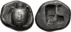 Greek ISLANDS off ATTICA, Aegina. Circa 510-490 BC. AR Obol (8mm, 0.98 g). Sea turtle, head in profile, with thin collar and row of dots down its back / Incuse square with irregular sections. Meadows,