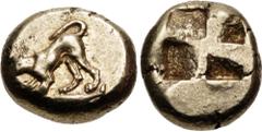 Greek MYSIA, Kyzikos. Circa 550-450 BC. EL Hekte – Sixth Stater (10mm, 2.68 g). Hound (or wolf) at bay left on tunny left / Quadripartite incuse square. Von Fritze I –; Boston MFA 1470 corr. = Warren 