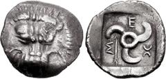 Greek DYNASTS of LYCIA. Mithrapata. Circa 390-370 BC. AR Sixth Stater (13mm, 1.39 g). Uncertain mint. Facing lion scalp / Triskeles; arrow in one section; all within incuse square. Müseler VII 86–8. T