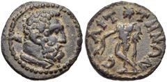 LYDIA, Saitta. Pseudo-autonomous issue. 3rd Century AD. Æ 14mm (1.72 g, 6h). Bearded head of Herakles right, lion skin tied around neck, club over shoulder / Apollo standing left, legs crossed, holdin