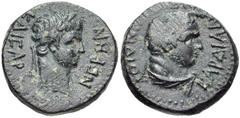LYDIA, Sardis. Nero. AD 54-68. Æ 16mm (3.81 g, 7h). Minidius, strategus for the second time. Struck circa AD 60. Laureate head of Nero right / Laureate head of beardless Herakles right, lion skin tied