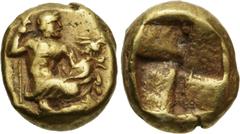 The Windmill Collection MYSIA, Kyzikos. Circa 450-330 BC. EL Myshemihekte – Twenty-fourth Stater (6mm, 0.66 g). Zeus kneeling right, chiton draped from waist, holding scepter in right arm, left arm ex