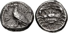 Greek SICILY, Akragas. Circa 450-440 BC. AR Litra (8mm, 0.64 g, 5h). Eagle standing left on Ionic capital / Crab; ΛI (mark of value) below. Westermark, Coinage, Period II, Series B.1; HGC 2, 121. Tone