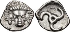 Greek DYNASTS of LYCIA. Perikles. Circa 380-360 BC. AR Third Stater (16.5mm, 2.80 g). Limyra mint(?). Lion scalp facing / Triskeles within incuse circle. Müseler VIII, 47–51; Falghera 217; SNG Copenha
