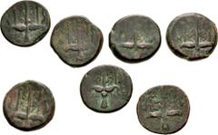 Large Lots GREEK. Magna Graecia & Sicily. Lot of seven (7) bronze issues of Syracuse. All coins: Hieron II. Diademed head of Poseidon left / Ornamented trident. Average Fine, green and brown patina. L