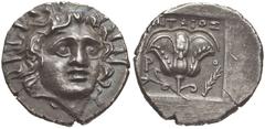 ISLANDS off CARIA, Rhodos. Rhodes . Circa 125-88 BC. AR Hemidrachm (12mm, 1.36 g, 12h). ‘Plinthophoric’ coinage. Antaios, magistrate. Radiate head of Helios facing slightly right / Rose with bud to ri