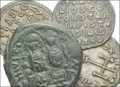 BYZANTINE. AR and Æ from Justin II to Leo VI. Includes: JUSTIN II, with SOPHIA. Æ Follis. Nicomedia mint. Dated RY 5 (669/70). Justin and Sophia seated facing / Large M. SB 369 // BASIL I, with CONSTA