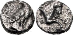 Greek AEOLIS, Kyme. Circa 350-300 BC. AR Didrachm (15mm, 5.09 g, 11h). Eagle standing right, head left / Forepart of horse running right; [magistrate's name around]. Ashton, Classical, Series Ia; cf. 