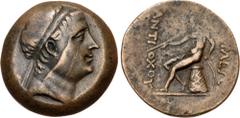 Greek SELEUKID EMPIRE. Antiochos III 'the Great'. 222-187 BC. Æ (25mm, 9.42 g, 12h). Uncertain mint in the east. Diademed head right / Apollo, testing arrow and placing hand on grounded bow, seated le