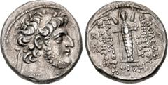 Greek SELEUKID EMPIRE. Demetrios III Eukairos. 97/6-88/7 BC. AR Tetradrachm (28mm, 15.94 g, 1h). Damaskos mint. Dated SE 219 (94/3BC). Diademed head right / Cult statue of Atargatis standing facing, a
