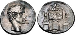Roman Imperial Augustus. 27 BC-AD 14. AR Denarius (19mm, 3.74 g, 9h). Rome mint; L. Vinicius, moneyer. Struck 16 BC. Bare head right / Triumphal arch, surmounted by facing quadriga, in which Augustus 