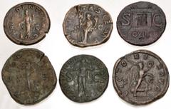 Large Lots ROMAN. Imperial. Lot of six (6) bronze issues. Includes: Augustus dupondius, Claudius dupondius, Gordian III sestertius, Philip I sestertius, Severus Alexander sestertius, and a Maximianus 