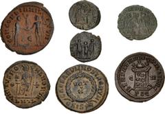 Large Lots ROMAN. Imperial. Lot of seven (7) bronze issues. Includes: Galerius, Crispus (2) , Constans, Gratian, Aelia Flaccilla, and Honorius, an attractive group. VF to Good VF. LOT SOLD AS IS, NO R