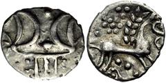 CELTIC, Britain. Iceni . Anted. Circa AD 1-25. AR Unit (14mm, 1.23 g, 2h). Two outline crescents back-to-back on a central band; two pellets between / Celticized horse right; ‘daisy’ above, pellets an