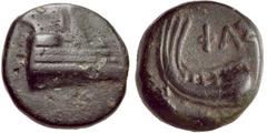 LYCIA, Phaselis. Circa 250-221/0 BC. Æ 8mm (1.13 g, 12h). Prow of a galley right / Stern of galley right. Heipp-Tamer B26; SNG Copenhagen 123. Fine, dark green patina. From the D. Alighieri Collection