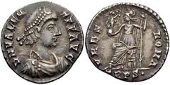 Valens. AD 364-378. AR Siliqua (17mm, 2.11 g, 1h). Treveri (Trier) mint, 2nd officina. Struck AD 367-378. Diademed, draped, and cuirassed bust right / Roma seated left on cuirass, holding Victory on g