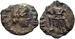 VANDALS. Pseudo-Imperial coinage. Circa 440-490. AR Half Siliqua (11mm, 0.38 g, 3h). Struck in the name of Honorius. Diademed, draped, and cuirassed bust right / Victory standing left, holding wreath 