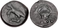 Greek SICILY, Akragas. Circa 415-406 BC. Æ Hemilitron (26.5mm, 14.33 g, 11h). Eagle, wings raised, standing left on, and tearing at, hare / Crab; below, crawfish left; six pellets (mark of value) arou