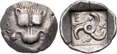 Greek DYNASTS of LYCIA. Mithrapata. Circa 390-370 BC. AR Sixth Stater (14mm, 1.44 g, 11h). Uncertain mint. Facing lion scalp / Triskeles; arrow in one section; all within incuse square. Müseler VII 86