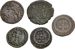 Large Lots ROMAN. Imperial. Lot of five (5) late Roman Imperial bronze issues. Includes: one (1) each: Magnentius // Constantius Gallus // Julian II // Jovian // Valentinian I. Fine to VF. LOT SOLD AS