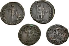 Large Lots ROMAN. Imperial. Lot of four (4) late Roman bronze issues. Includes: One (1) each: Valens, Siscia // Valentinian II, Sirmium // Theodosius I, Antioch // Arcadius, Antioch. About VF to VF. L