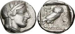 Greek ATTICA, Athens. Circa 454-404 BC. AR Tetradrachm (24.5mm, 17.09 g, 5h). Helmeted head of Athena right, with frontal eye / Owl standing right, head facing, spread tail feathers; olive spray and c