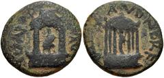 JUDAEA, Caesaraea Panias. Diva Poppaea and Diva Claudia. Died AD 65 and AD 63, respectively. Æ 20mm (6.00 g, 12h). Struck AD 65-68. Statue of Diva Poppaea seated left within distyle temple / Statue of