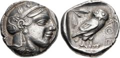Greek ATTICA, Athens. Circa 454-404 BC. AR Tetradrachm (24mm, 16.76 g, 1h). Helmeted head of Athena right, with frontal eye / Owl standing right, head facing; olive sprig and crescent behind; all with