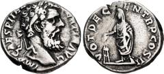 Roman Imperial Pertinax. AD 193. AR Denarius (17mm, 3.28 g, 6h). Rome mint. 2nd emission. Laureate head right / Pertinax standing left, holding volumen and sacrificing out of patera over tripod to lef