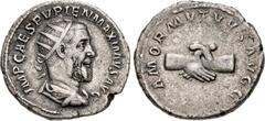 Roman Imperial Pupienus. AD 238. AR Antoninianus (21.5mm, 4.69 g, 6h). Rome mint. 2nd emission. Radiate, draped, and cuirassed bust right / AMOR MVTVVS AVGG, clasped right hands. RIC IV 9b; BMCRE 82-6
