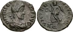 Roman Imperial Theodosius I. AD 379-395. Æ (14mm, 1.30 g, 12h). Aquileia mint. Struck AD 383-388. Pearl-diademed, draped, and cuirassed bust right / Victory advancing left, holding wreath and palm fro