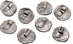 Large Lots GREEK. Central & Southern Greece. Lot of eight (8) Athenian AR Tetradrachms. All coins: Helmeted head of Athena right, with frontal eye / Owl standing right, head facing; olive sprig and cr