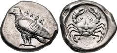 Greek SICILY, Akragas. Circa 495-485 BC. AR Didrachm (21.5mm, 8.53 g, 5h). Sea eagle standing left; AKRA to right / Crab, tiny EV below; all within incuse circle. Westermark, Coinage, Period I, Group 