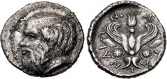 Greek SICILY, Katane. Circa 415/3-404 BC. AR Hemidrachm (15mm, 1.70 g, 3h). Obverse die in the style of Prokles. Bearded head of Silenos left, wearing ivy wreath / Winged thunderbolt; two shields, dec