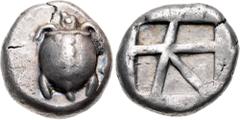 Greek ISLANDS off ATTICA, Aegina. Circa 480-457 BC. AR Stater (19.5mm, 12.08 g, 10h). Sea turtle, head in profile, with 'T-back' design on shell / Large square incuse with skew pattern. Meadows, Aegin