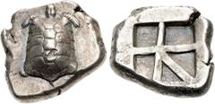 Greek ISLANDS off ATTICA, Aegina. Circa 456/45-431 BC. AR Stater (20.5mm, 12.34 g, 12h). Land tortoise with segmented shell / Large square incuse with heavy skew pattern. Meadows, Aegina, Group IIIb; 