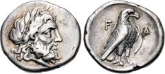 Greek ELIS, Olympia. 107th-108th Olympiad. 352-348 BC. AR Hemidrachm (16mm, 2.68 g, 6h). Head of Zeus right, wearing laurel wreath / Eagle, with closed wings, standing right; F-A across field, olive l