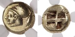 Greek MYSIA, Kyzikos. Circa 550-450 BC. EL Hekte – Sixth Stater (10mm, 2.66 g). Head of Athena left, wearing Corinthian helmet; to right, tunny diagonally downward left / Quadripartite incuse square. 