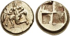 Greek MYSIA, Kyzikos. Circa 550-450 BC. EL Hekte – Sixth Stater (10.5mm, 2.68 g). Satyr kneeling left, holding in his extended right hand a tunny fish by the tail / Quadripartite incuse square. Von Fr