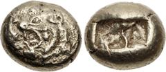 Greek KINGS of LYDIA. temp. Ardys – Alyattes. Circa 630s-564/53 BC. EL Trite – Third Stater (12mm, 4.74 g). Lydo-Milesian standard. Sardes mint. Confronted lion heads (die positioned to feature the ri