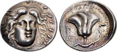 Greek ISLANDS off CARIA, Rhodos. Rhodes. Circa 229-205 BC. AR Tetradrachm (26.5mm, 13.48 g, 12h). Eukrates, magistrate. Radiate head of Helios facing slightly right / Rose with bud to right; POΔION ab