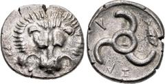 Greek DYNASTS of LYCIA. Trbbenimi. Circa 390-375 BC. AR Stater (24.5mm, 9.74 g). Zagaba mint. Facing head of lion / Triskeles with T in center; ZA-G (in Lycian) and fish left around. Müseler VIII, 19 